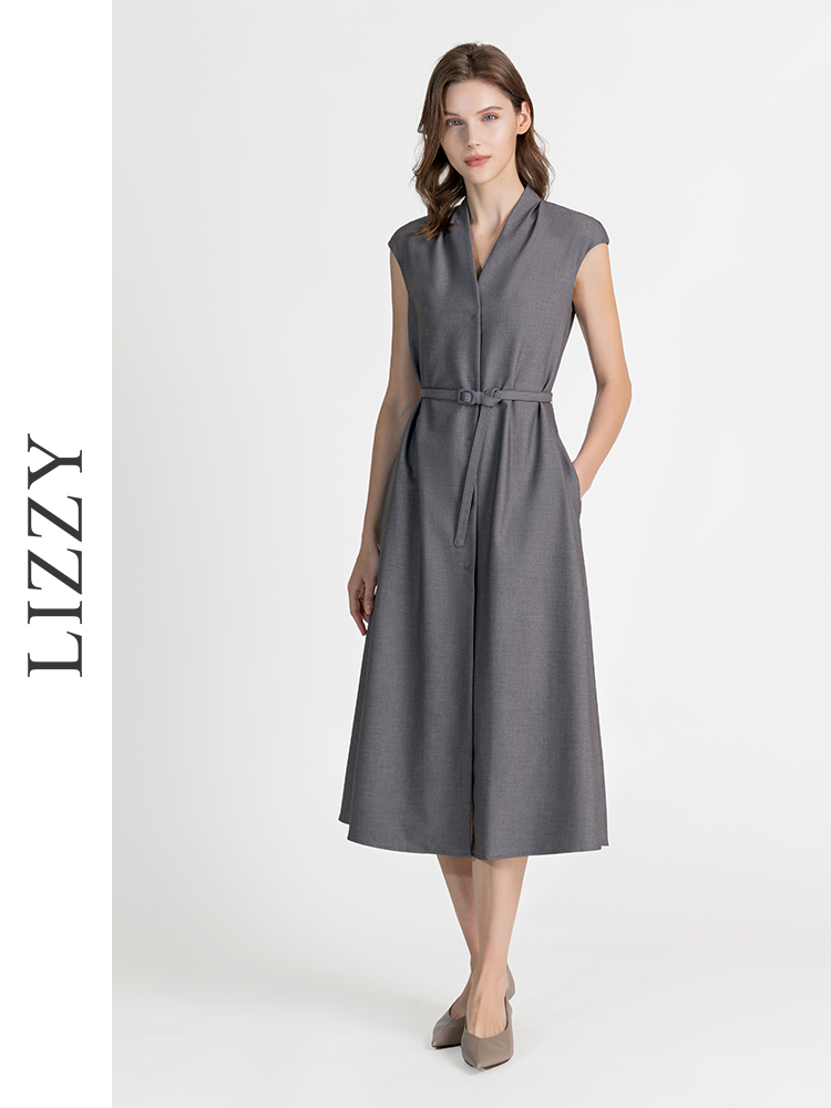 LIZZY早秋优雅名媛气质经典通勤收腰大摆连衣裙配腰带8144