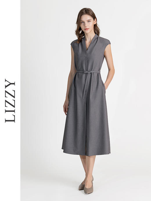 LIZZY早秋优雅名媛气质经典通勤收腰大摆连衣裙配腰带8144 商品图0