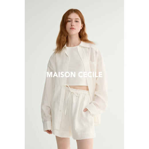 MAISON CECILE 亚麻肌理感清爽透气宽松简约男友风翻领百搭白衬衫 商品图1