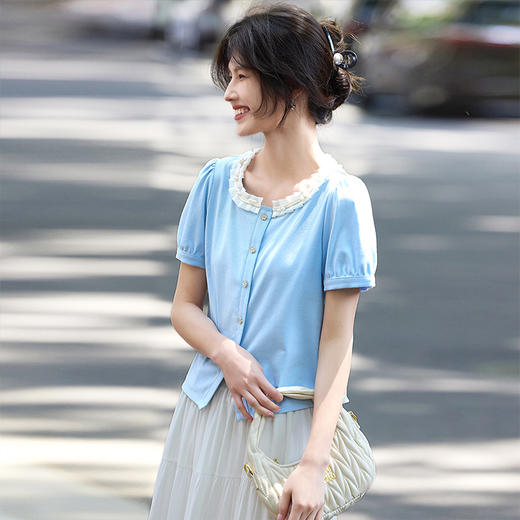 【周末秒杀】熙世界法式蕾丝花边拼接圆领T恤女短袖优雅黑色上衣2025夏季新款 商品图4