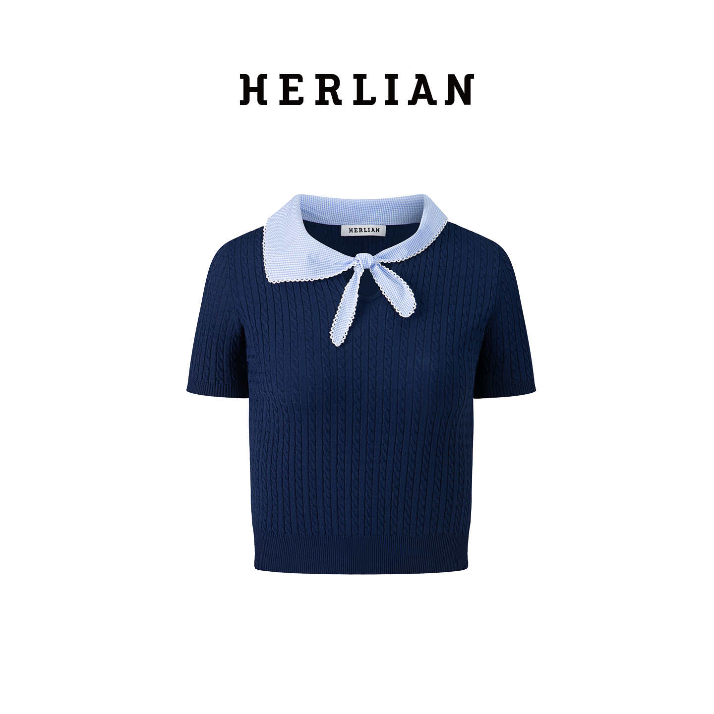 HERLIAN 2025夏季新品女士领口系带蝴蝶结拼色设计针织衫
