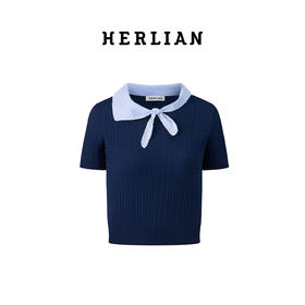 HERLIAN 2025夏季新品女士领口系带蝴蝶结拼色设计针织衫