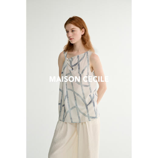 MAISON CECILE 两色印花/桑蚕丝轻薄透气斜领扭结无袖背心 商品图4