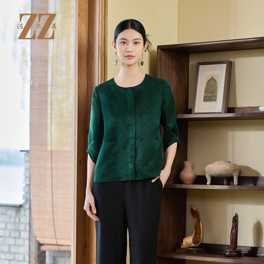 佐尔美夏季新款优雅新中式国风桑蚕丝短袖上衣女M52CS45 商品图0