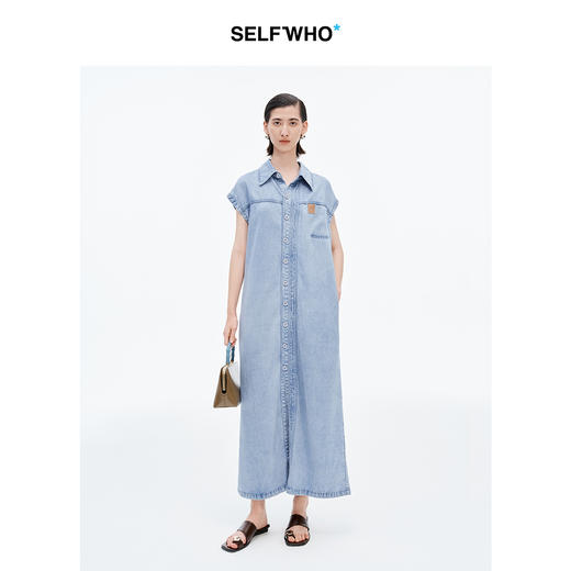 SELFWHO莱赛尔棉混纺复古牛仔衬衫连衣裙女2025夏小飞袖开叉裙子 商品图0