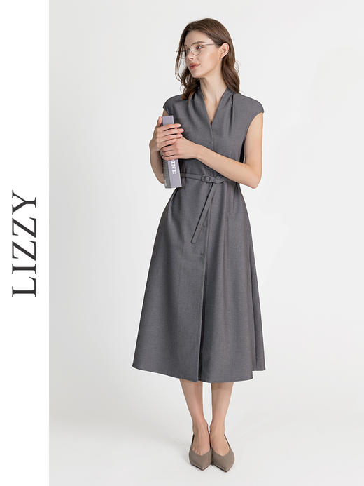 LIZZY早秋优雅名媛气质经典通勤收腰大摆连衣裙配腰带8144 商品图2