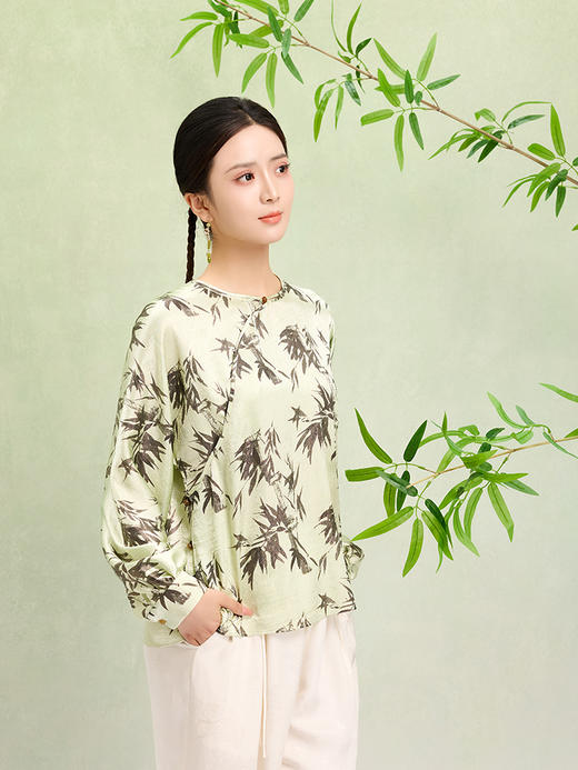 荷言GL 竹径 新中式衬衣墨竹洒金印花绿色长袖圆领凉感夏季 商品图3