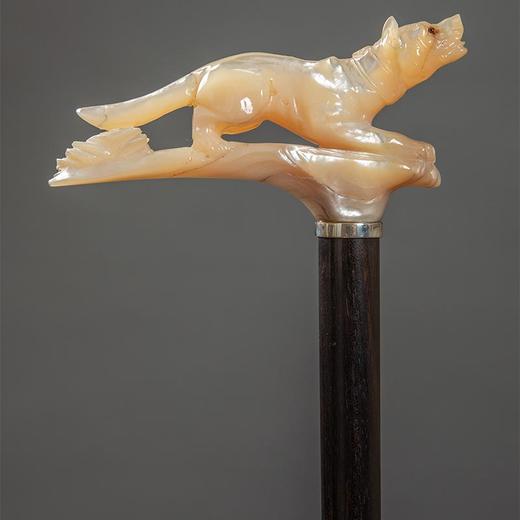 独角鹿西洋古董 法国出品纯银环箍吠犬造型母贝精雕杖柄装饰玫瑰木杖身牛角杖脚古董手杖 商品图2