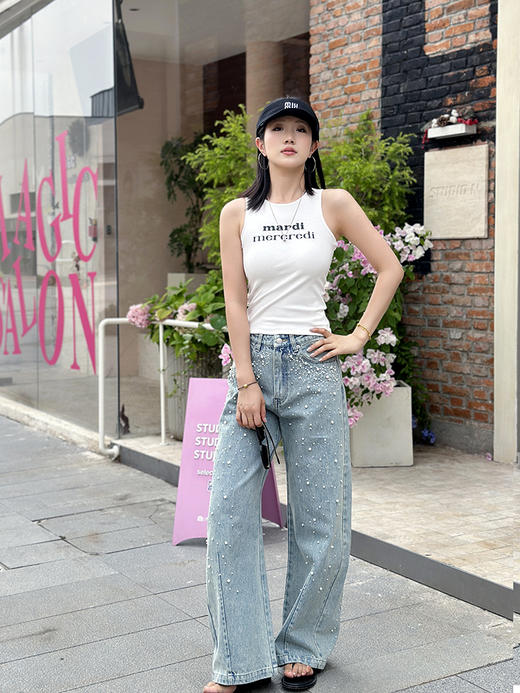 现货 THS-限时 成衣洗水 手工钉珠牛仔阔腿裤 BJ3325 商品图2