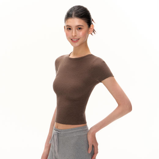 Ariseism  基础纯色圆领短款针织短袖T恤女夏季新款辣妹修身上衣 商品图3