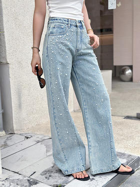 现货 THS-限时 成衣洗水 手工钉珠牛仔阔腿裤 BJ3325