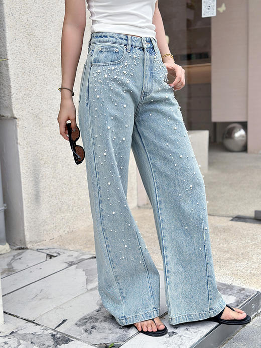 现货 THS-限时 成衣洗水 手工钉珠牛仔阔腿裤 BJ3325 商品图0