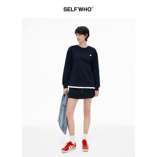 SELFWHO精梳棉宝蓝色假两件长袖t恤夏新款宽松显瘦落肩上衣 商品图1