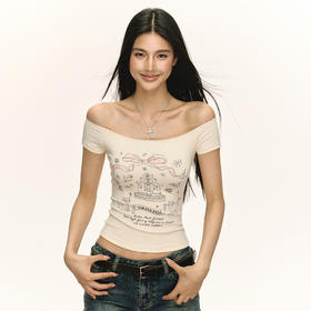 Ariseism 美式复古辣妹一字肩短袖T恤女夏季新款露肩修身短款上衣