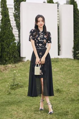 Le Malene 黑色花朵中式盘扣网纱两穿连衣裙 20284