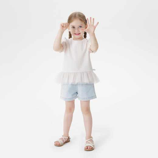 马克珍妮女童网纱花边短袖T恤 宝宝泡泡袖上衣2025夏装新款550785 商品图2