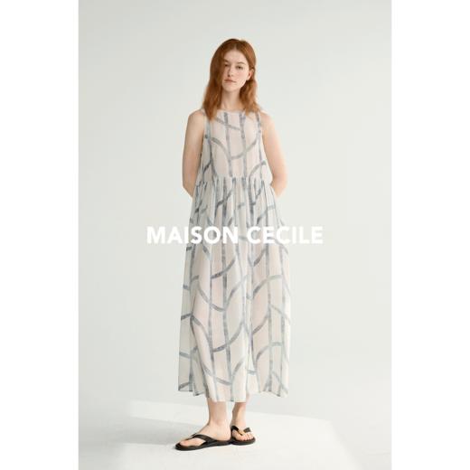 MAISON CECILE 设计师印花/桑蚕丝不规则艺术线条无袖背心连衣裙 商品图2