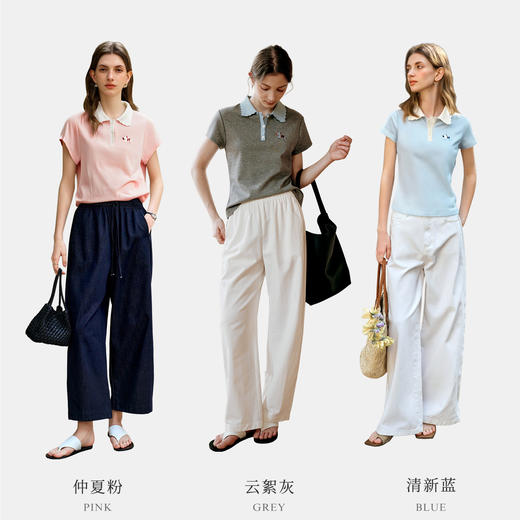 OLrain欧芮儿撞色波浪边复古polo领T恤女夏季2025新款短袖上衣 商品图2