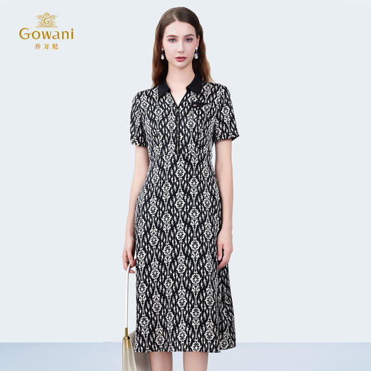 乔万尼新品法式小V领拼接领收腰印花中长款连衣裙ED2E452 商品图1