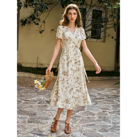 OLrain欧芮儿印花法式收腰连衣裙女夏季2025新款系带泡泡袖仙女裙