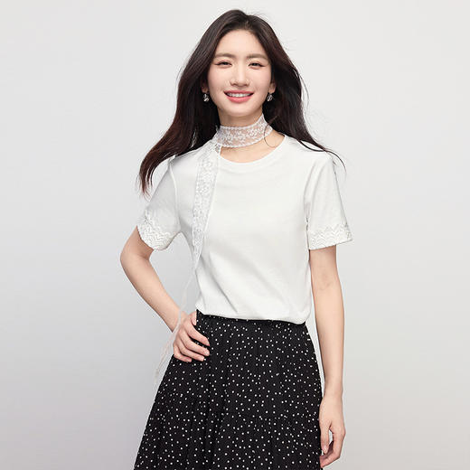 【专属特价】熙世界100棉蕾丝花边短袖T恤女夏季百搭宽松休闲蓝色体恤圆领上衣 商品图3