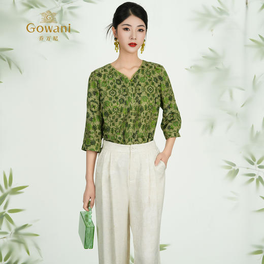 乔万尼新品真丝丝绵绸印花V领衬衫上衣ED2C483 商品图2