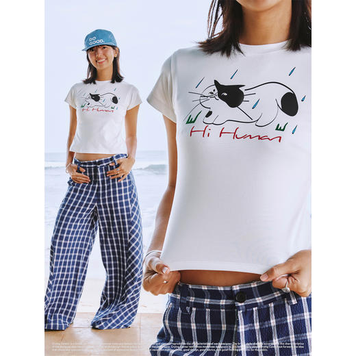 CryingCenter 你好小猫印花正肩弹力修身辣妹短袖  哭喊中心 商品图2