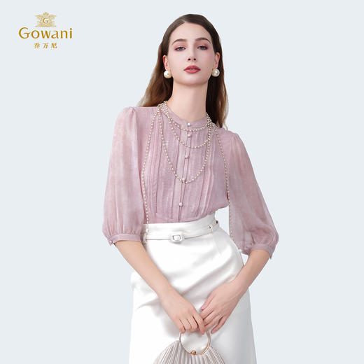 乔万尼新品真丝100%立领轻盈通勤百搭拼接衬衫ED2C428 商品图2