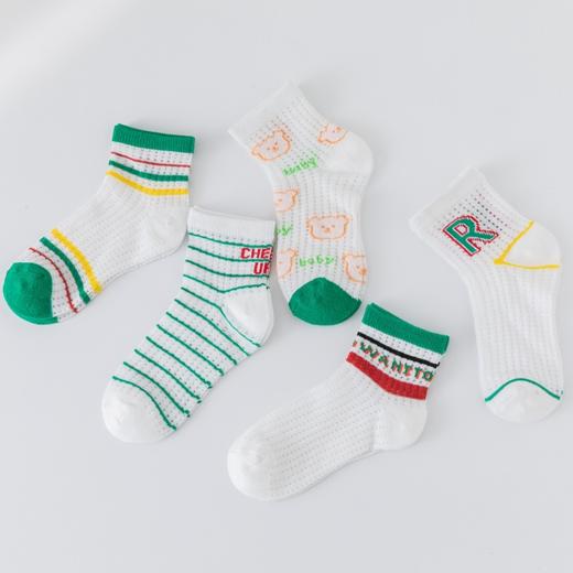 【透气卡丝网眼设计，卡通宝宝图案】五双装！儿童袜子夏天薄款 男童女童网眼袜 卡通字母运动宝宝中筒袜a类-QQ 商品图4