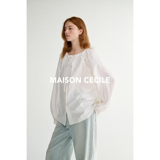 MAISON CECILE亚麻肌理感宽松廓形可调节抽绳圆领系带白衬衫 商品图2