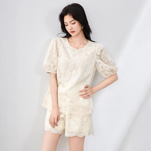 【高货wl】全新升级【铂金会员339/天猫459/差价120】(99856)洛诗琳重工法式提花圆领短袖上衣蕾丝花边裤两件套女 商品图0