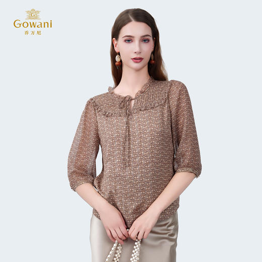 乔万尼新品中袖印花南法田园风木耳领100%真丝衬衫上衣ED2C437 商品图3