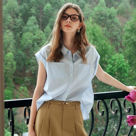 OLrain欧芮儿蓝色条纹衬衫女夏季2025年新款简约通勤设计感衬衣 商品图0