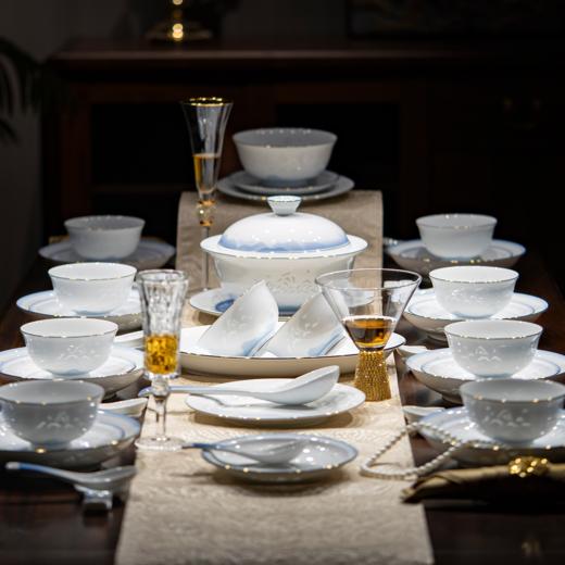 富玉  景德镇高温玲珑瓷餐具套装家用 新中式国风天青餐具礼盒装 商品图1