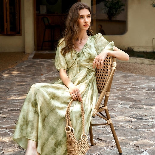 OLrain欧芮儿印花法式慵懒连衣裙女夏季2025新款系带v领设计长裙 商品图1