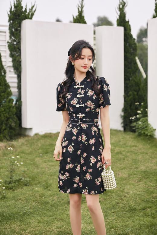 Le Malene 黑色花朵中式盘扣网纱两穿连衣裙 20284 商品图3