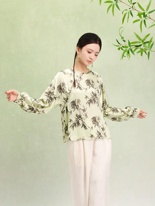 荷言GL 竹径 新中式衬衣墨竹洒金印花绿色长袖圆领凉感夏季 商品图2