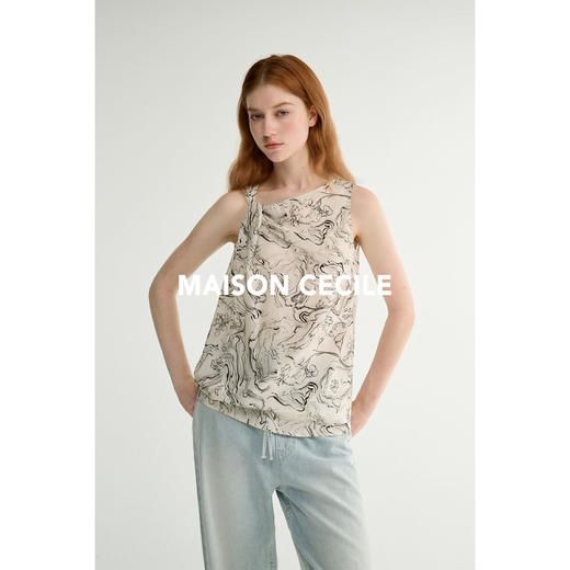 MAISON CECILE 两色印花/桑蚕丝轻薄透气斜领扭结无袖背心 商品图3