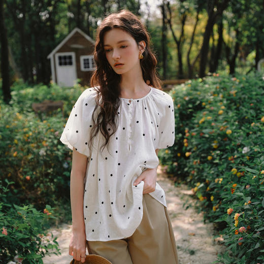 OLrain欧芮儿波点法式度假衬衫女夏季2025新款宽松慵懒休闲上衣 商品图2