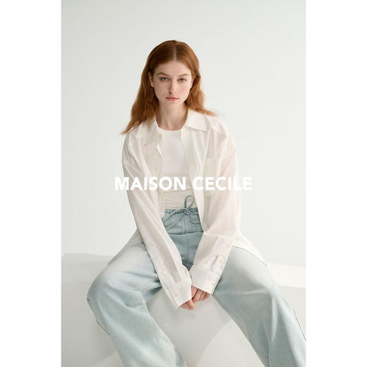 MAISON CECILE 亚麻肌理感清爽透气宽松简约男友风翻领百搭白衬衫 商品图3