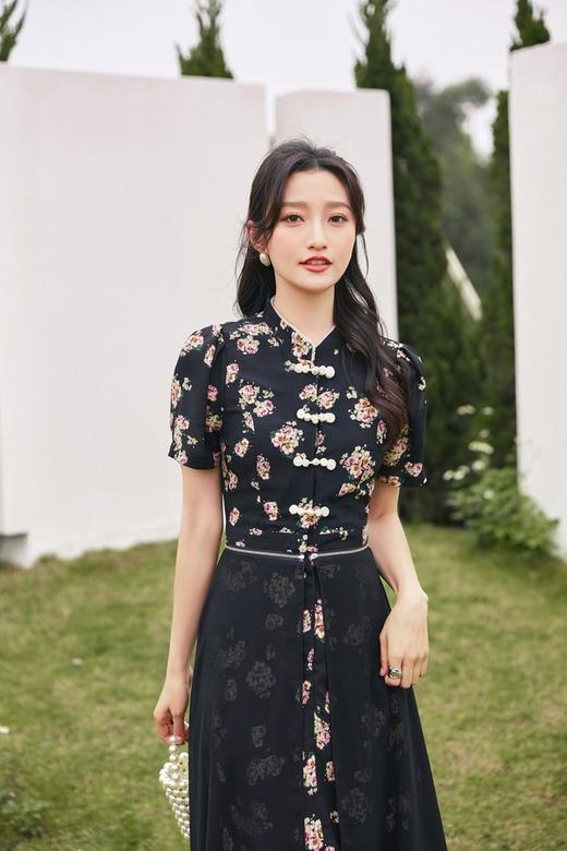 Le Malene 黑色花朵中式盘扣网纱两穿连衣裙 20284 商品图2