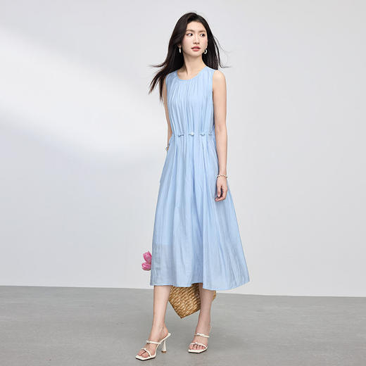 【专属特价】熙世界法式度假风串珠收腰蓝色连衣裙女夏新款圆领无袖背心长裙子 商品图4