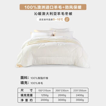 罗莱家纺 羊毛被子 100%澳洲进口羊毛抗菌保暖冬被芯 重约6斤 商品图1