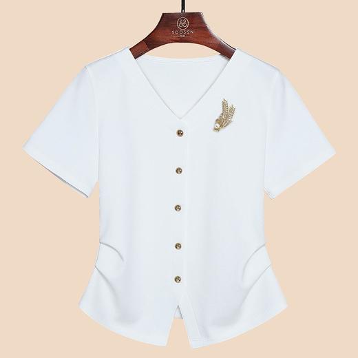 【自】全新升级洛诗琳【铂金会员109/天猫149/差价40】(14757)褶皱设计感开叉T恤2025夏季新款正肩显瘦V领上衣女 商品图2