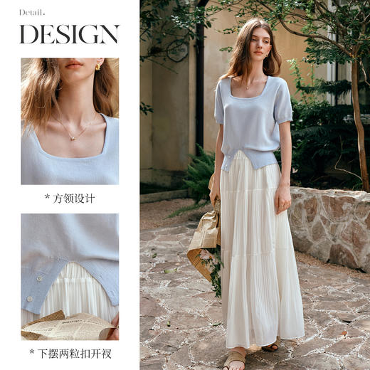 OLrain欧芮儿蓝色方领套头短袖针织衫女夏2025新款不规则下摆上衣 商品图1