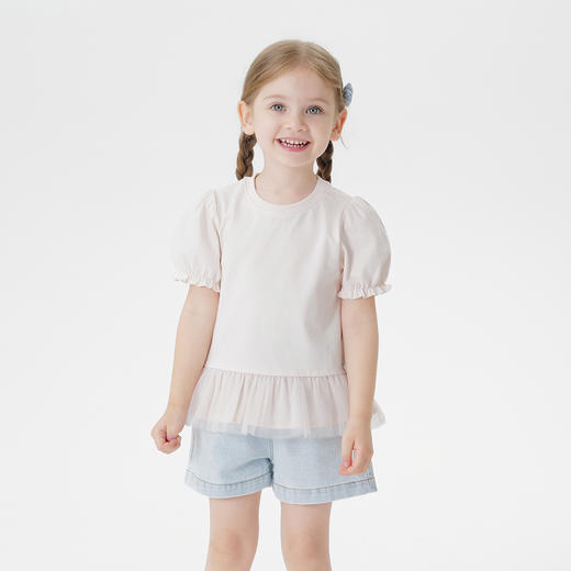 马克珍妮女童网纱花边短袖T恤 宝宝泡泡袖上衣2025夏装新款550785 商品图1