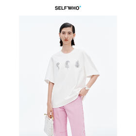 SELFWHO棉混纺白色蕨叶印花短袖T恤女2025夏新款宽松圆领落肩上衣