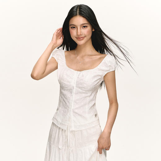 Ariseism  美式复古短袖T恤女夏季新款修身上衣收腰泡泡袖小衫 商品图0