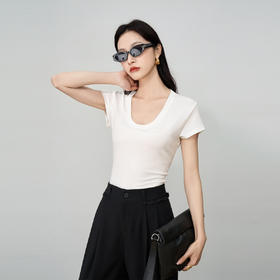 OLrain欧芮儿白色U领正肩百搭显瘦短袖T恤夏季2025新款小个子上衣