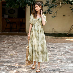 OLrain欧芮儿印花法式慵懒连衣裙女夏季2025新款系带v领设计长裙